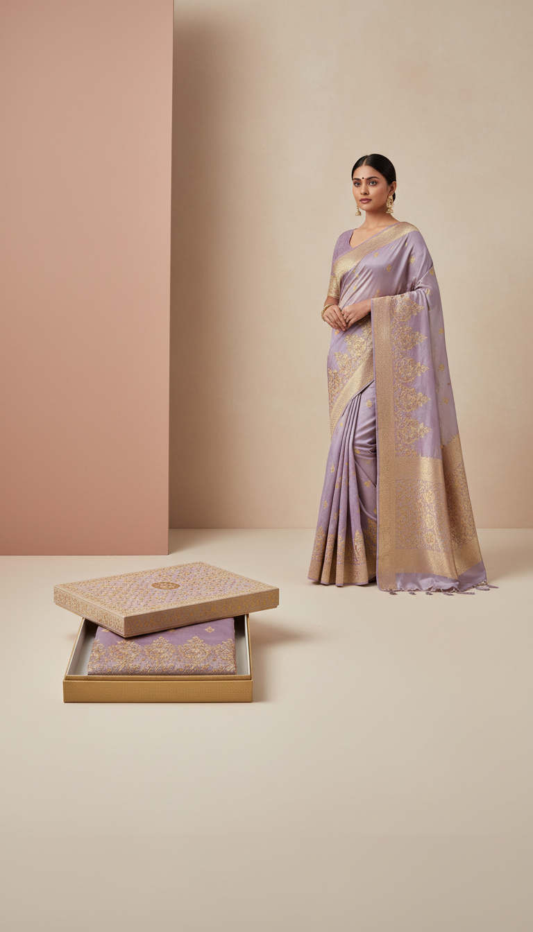 Lilac Mist Embroidered Saree in Gold-Detailed Box